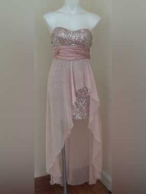 SPEECHLESS Sheer Blush Pink Empire Waist Sequin Strapless High-Low Dress Sz. S/M